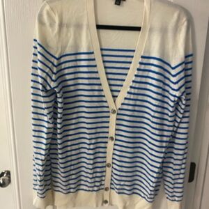 Ann Taylor Blue and White Striped Cardigan Sweater